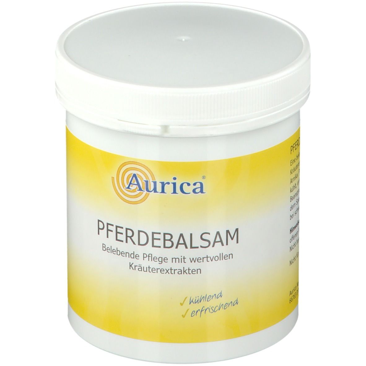 Weißer Tiegel mit gelbem Etikett. Aufschrift: Aurica Pferdebalsam. Kühlend und erfrischend.