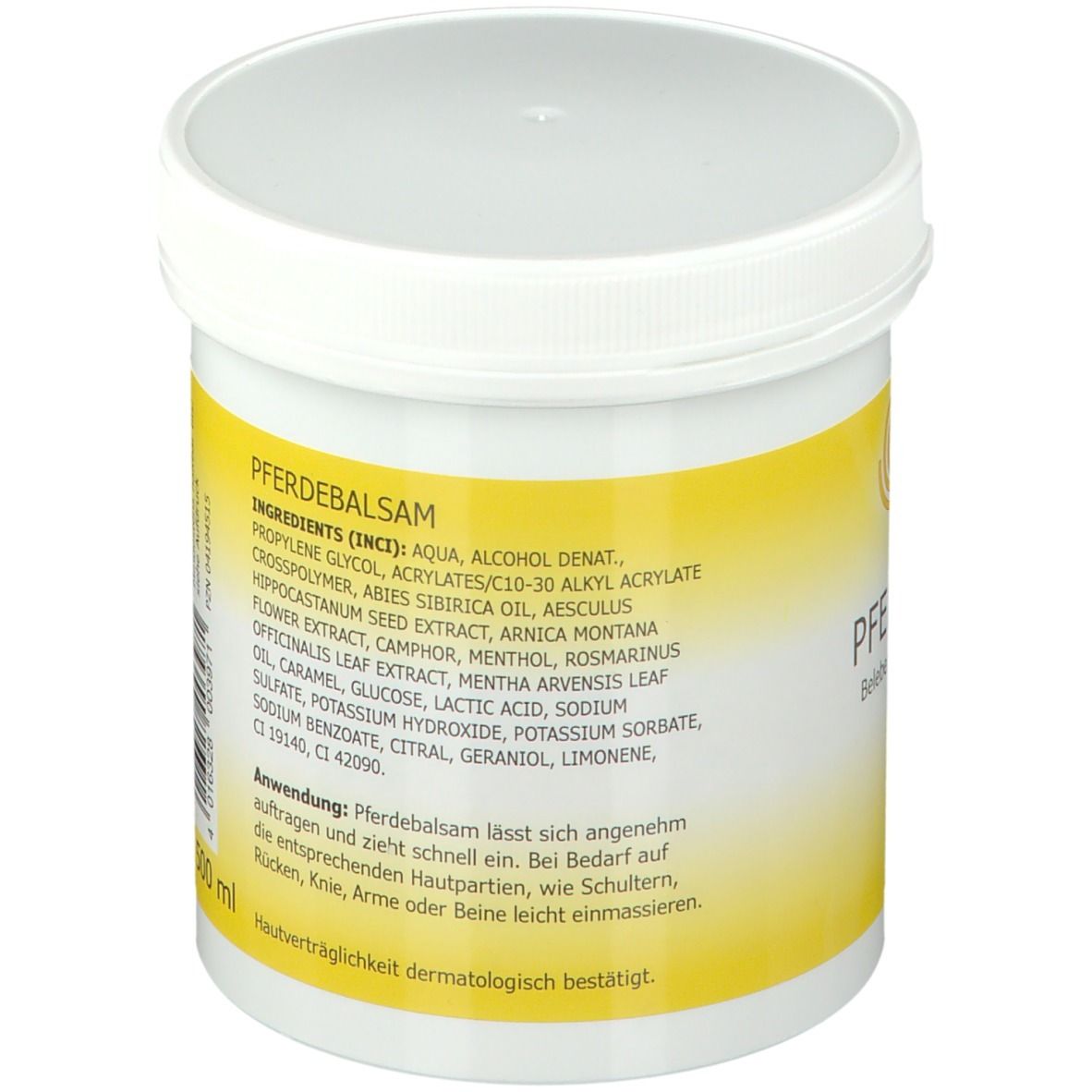 Weißer Tiegel mit gelbem Etikett. Aufschrift: Aurica Pferdebalsam. Rückseite mit Text und Inhaltsstoffen.