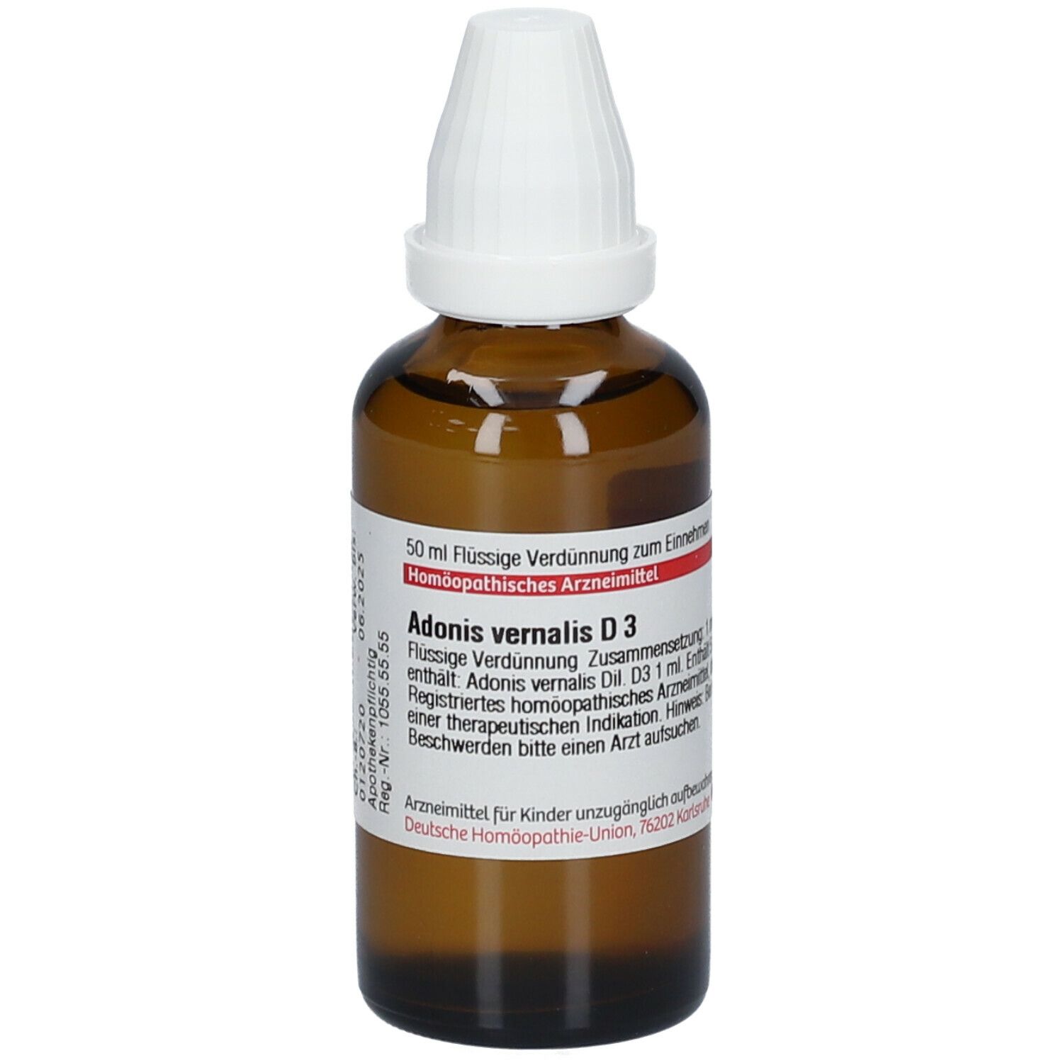 Braune Glasflasche mit weißem Verschluss. Etikett mit Produktinformationen: DHU Adonis vernalis D3. 50 ml Flüssige Verdünnung.
