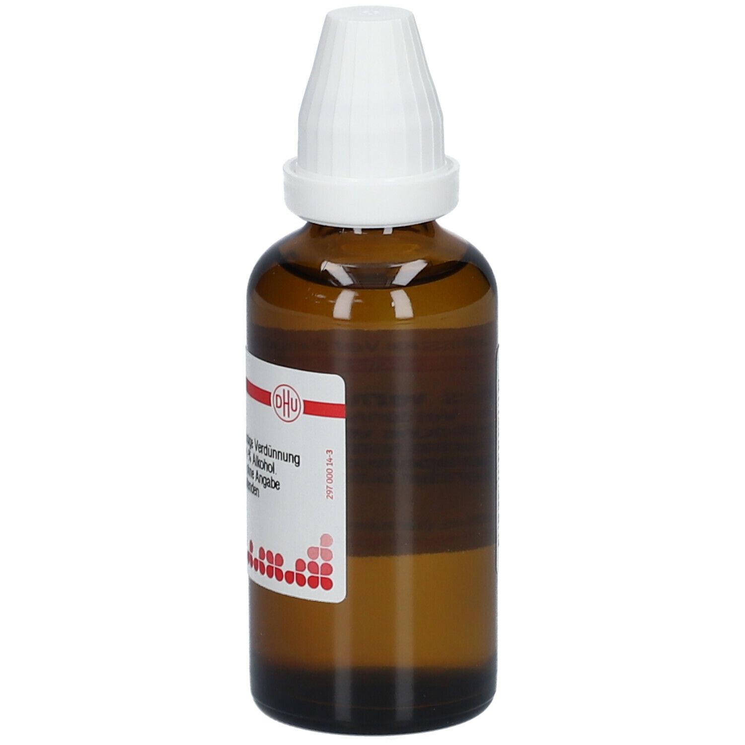 Braune Glasflasche mit weißem Verschluss. Etikett mit DHU-Logo und Produktinformationen: Adonis vernalis D3.