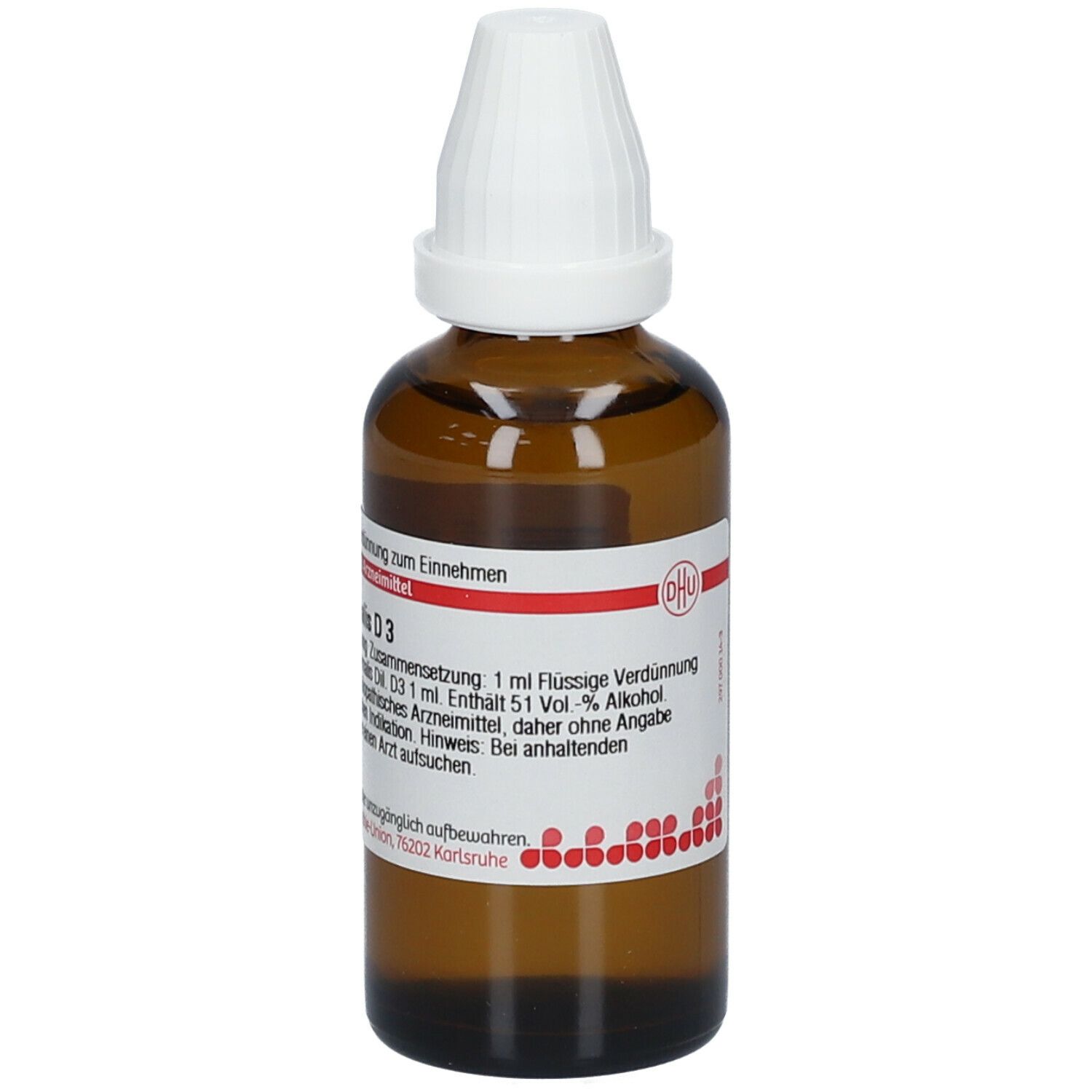 Braune Glasflasche mit weißem Verschluss. Etikett mit Produktinformationen: DHU Adonis vernalis D3. 50 ml Flüssige Verdünnung.