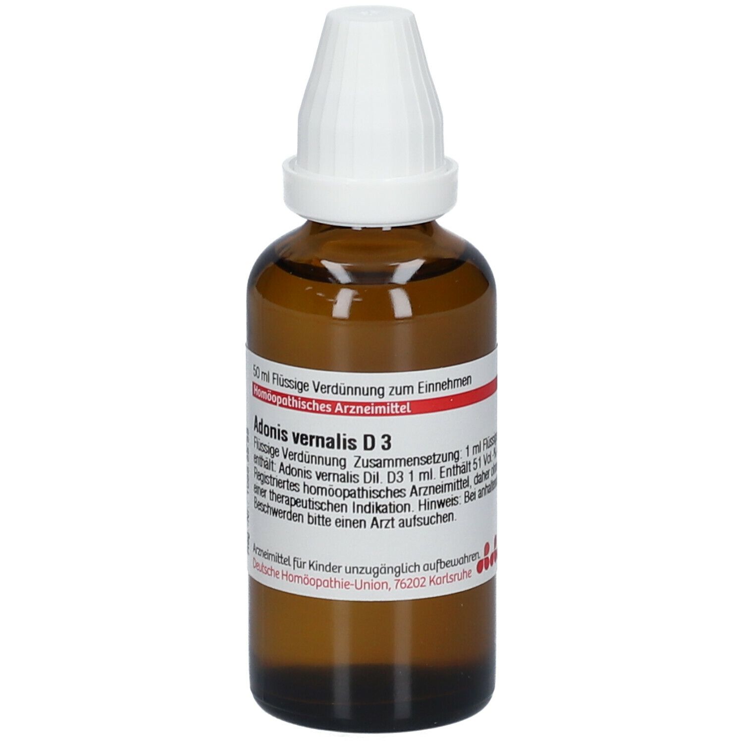Braune Glasflasche mit weißem Verschluss. Etikett mit Produktinformationen: DHU Adonis vernalis D3. 50 ml Flüssige Verdünnung.