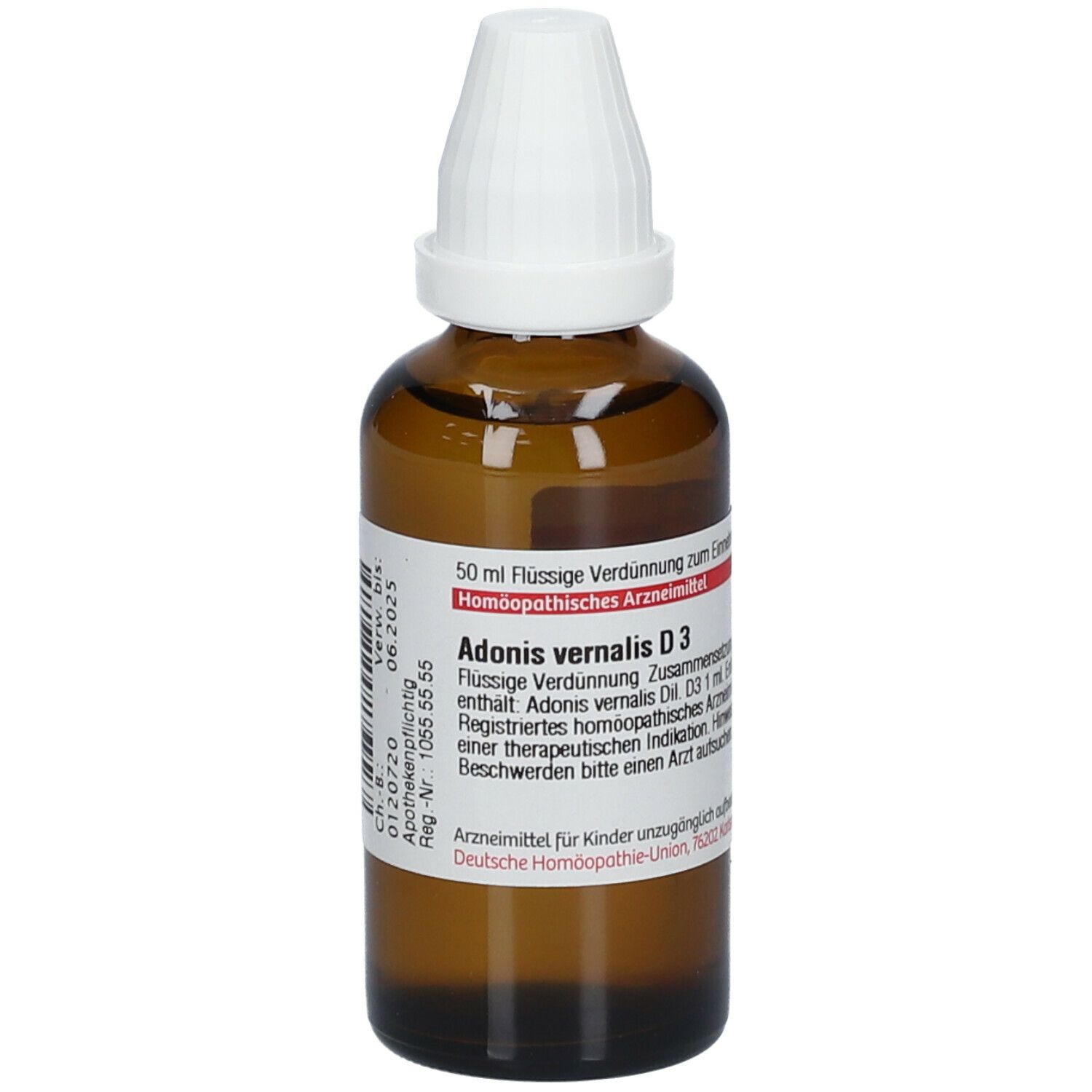 Braune Glasflasche mit weißem Verschluss. Etikett mit Produktinformationen: DHU Adonis vernalis D3. 50 ml Flüssige Verdünnung.
