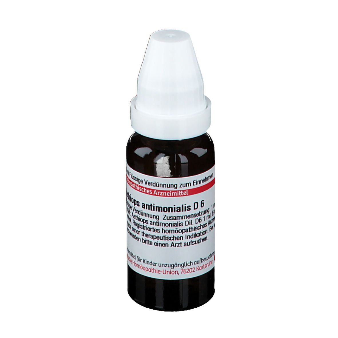 Braune Glasflasche mit weißem Deckel. Etikett mit Produktinformationen. Rote und weiße Details. Homöopathisches Arzneimittel.