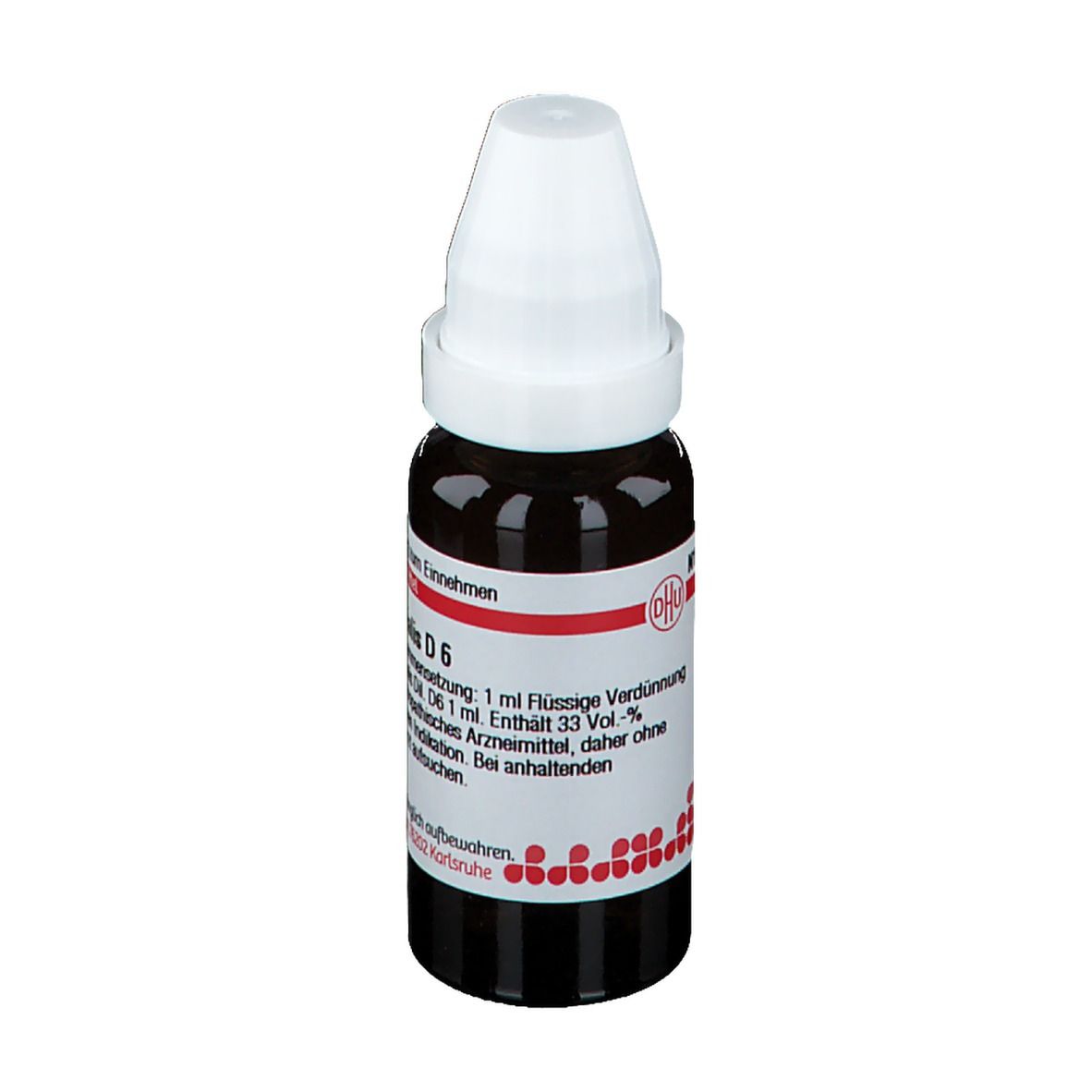 Braune Glasflasche mit weißem Deckel. Etikett mit Produktinformationen. Rote und weiße Details. Homöopathisches Arzneimittel.