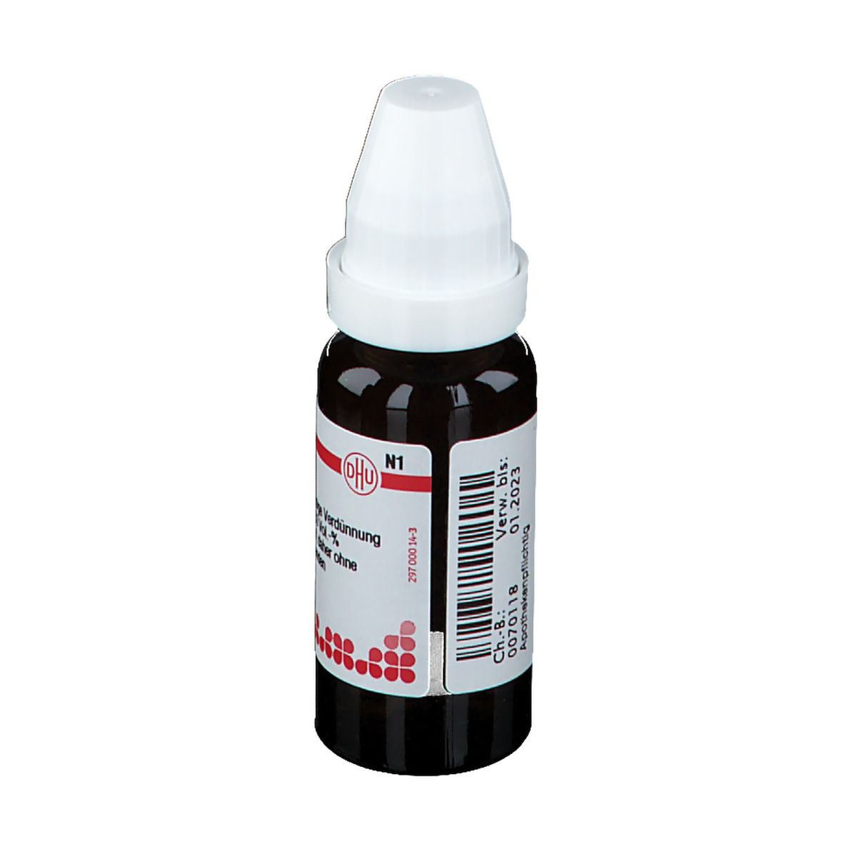 Braune Glasflasche mit weißem Deckel. Etikett mit Produktinformationen. Rote und weiße Details. Homöopathisches Arzneimittel.