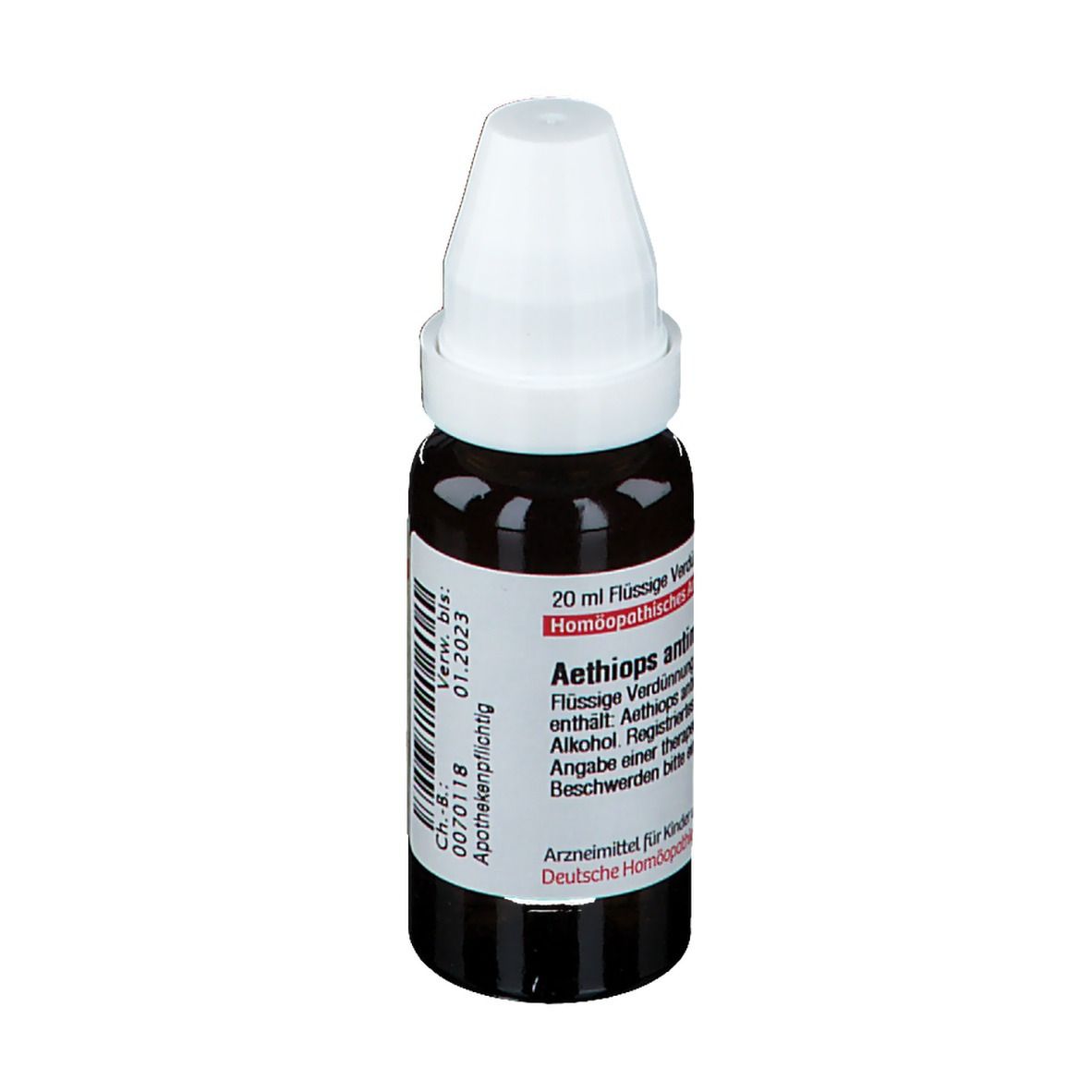 Braune Glasflasche mit weißem Deckel. Etikett mit Produktinformationen. Rote und weiße Details. Homöopathisches Arzneimittel.
