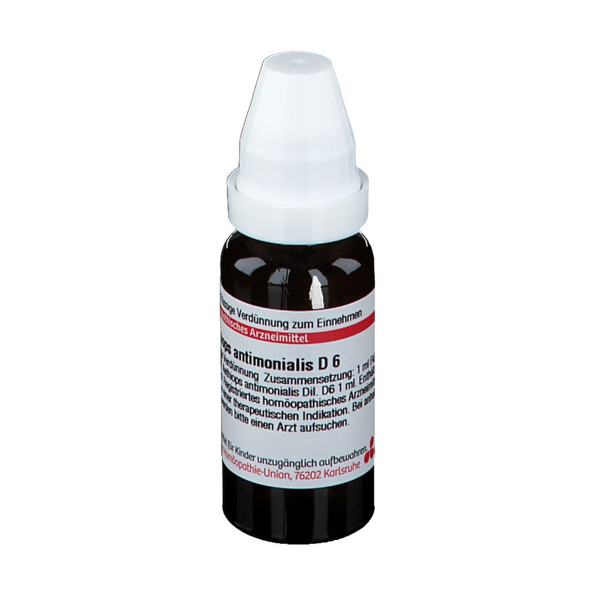 Braune Glasflasche mit weißem Deckel. Etikett mit Produktinformationen. Rote und weiße Details. Homöopathisches Arzneimittel.