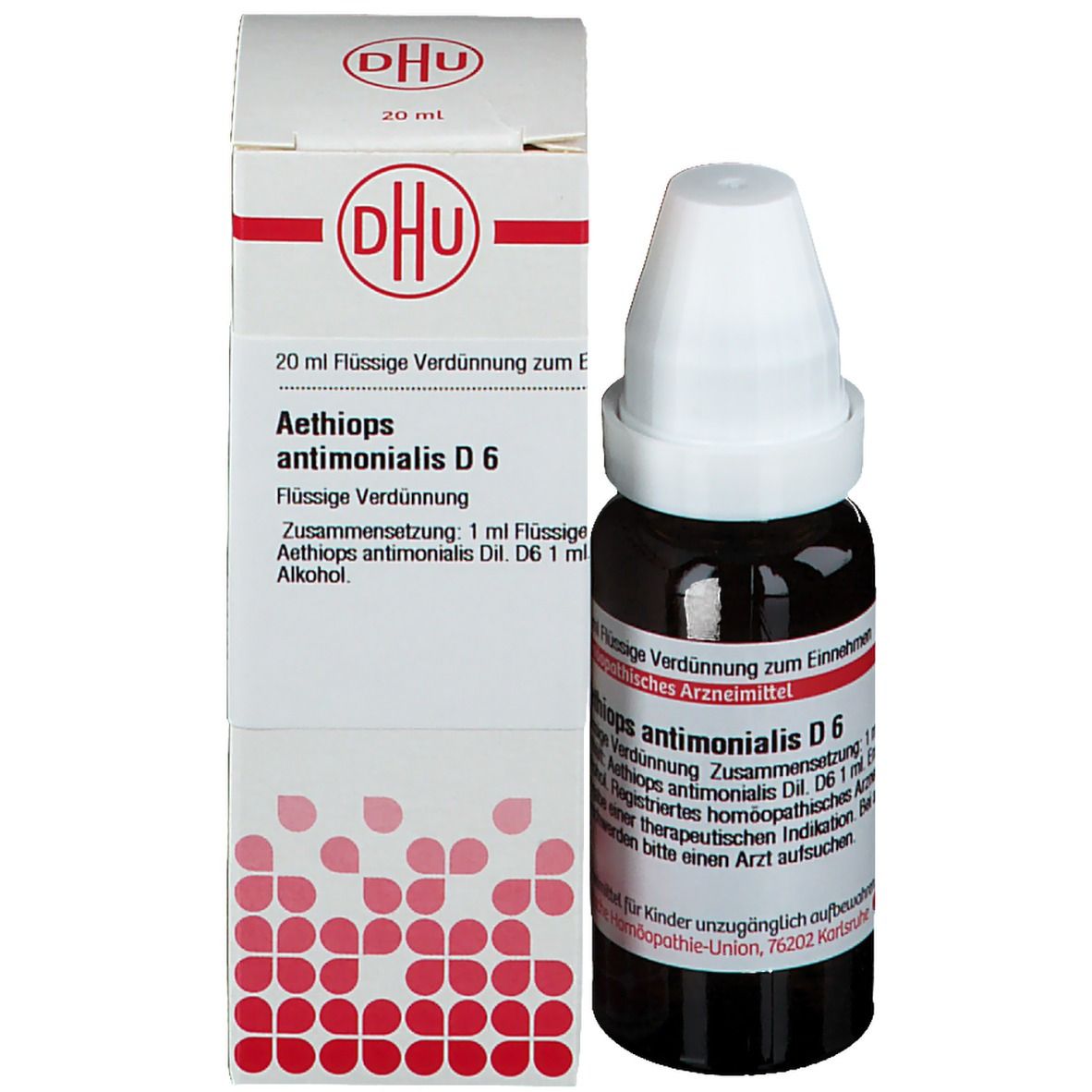 Braune Glasflasche mit weißem Deckel und Karton. Karton mit Produktinformationen und DHU-Logo. Homöopathisches Arzneimittel.