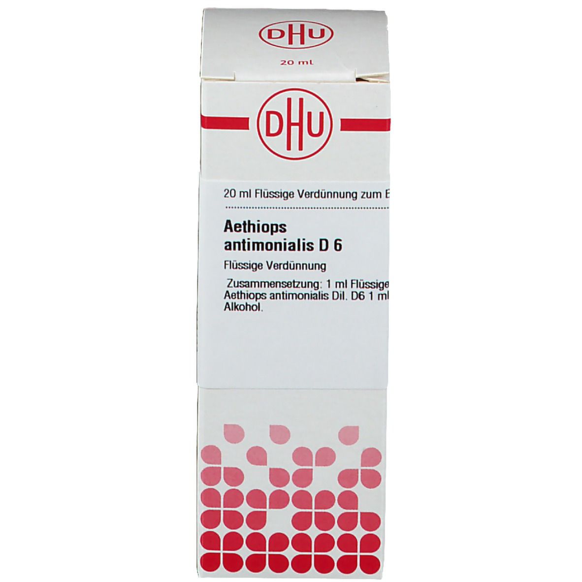 Karton mit Produktinformationen und DHU-Logo. Homöopathisches Arzneimittel. Weiß mit roten Akzenten. 20 ml Flüssige Verdünnung.