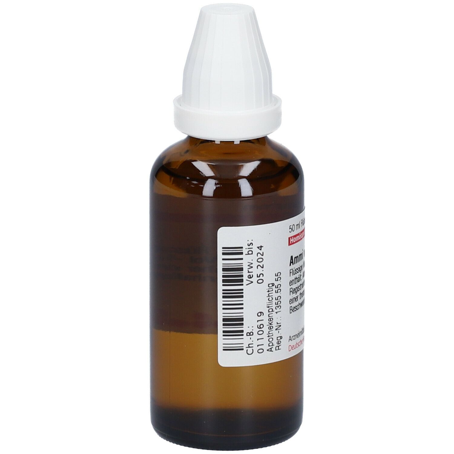 Braune Glasflasche mit weißem Verschluss. Etikett mit Produktinformationen. Aufschrift: Ammi visnaga D3.