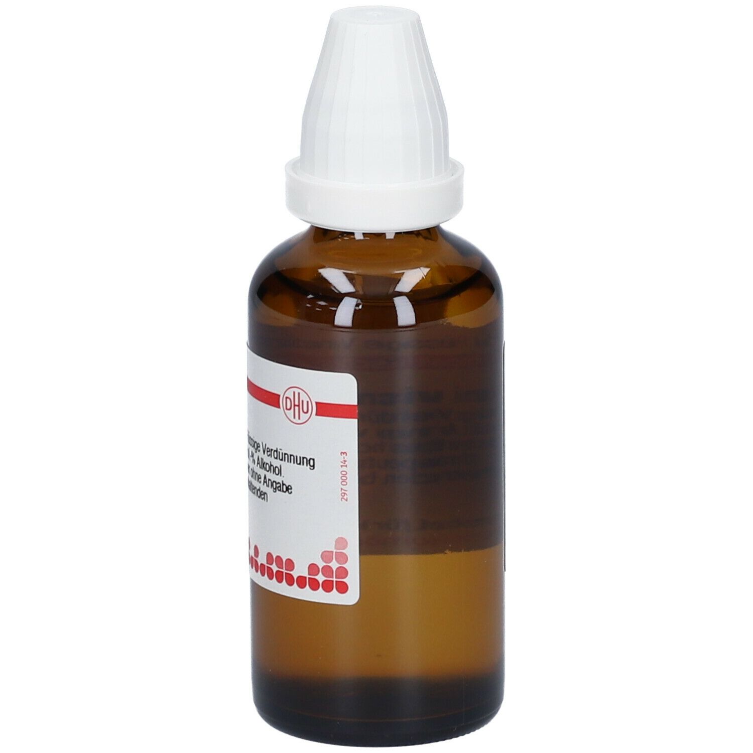 Braune Glasflasche mit weißem Verschluss. Etikett mit Produktinformationen. Aufschrift: DHU, Ammi visnaga D3.