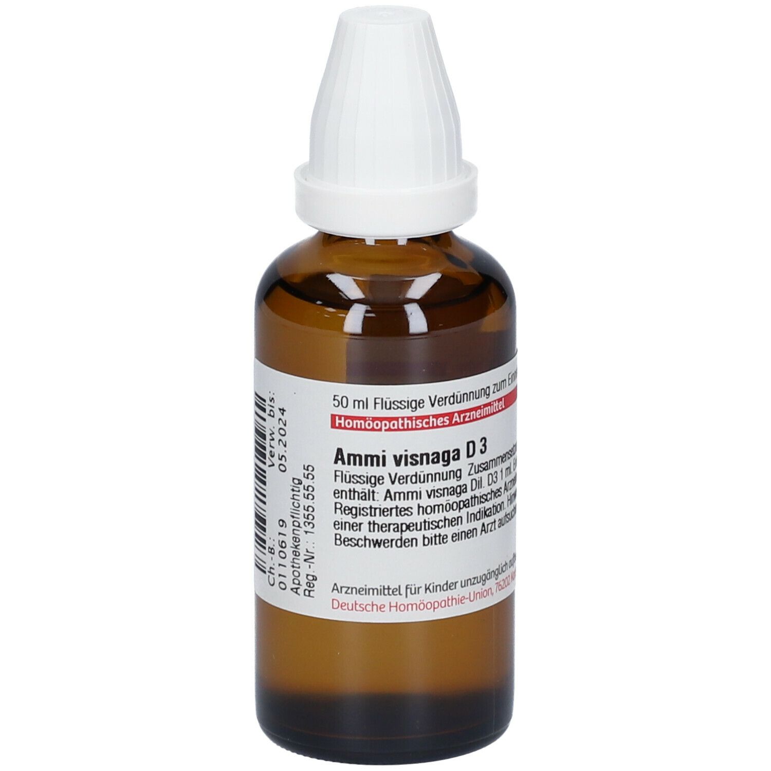 Braune Glasflasche mit weißem Verschluss. Etikett mit Produktinformationen. Aufschrift: Ammi visnaga D3.