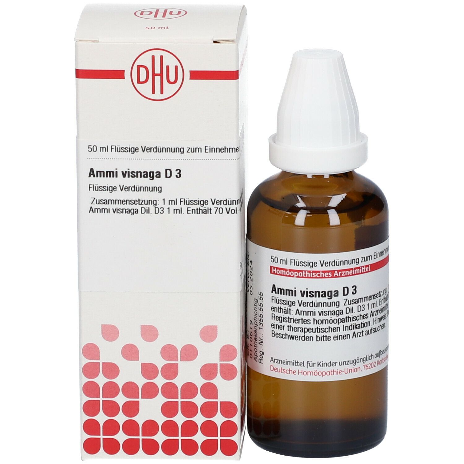 Braune Glasflasche mit weißem Verschluss und Faltschachtel. Aufschrift: DHU, Ammi visnaga D3.