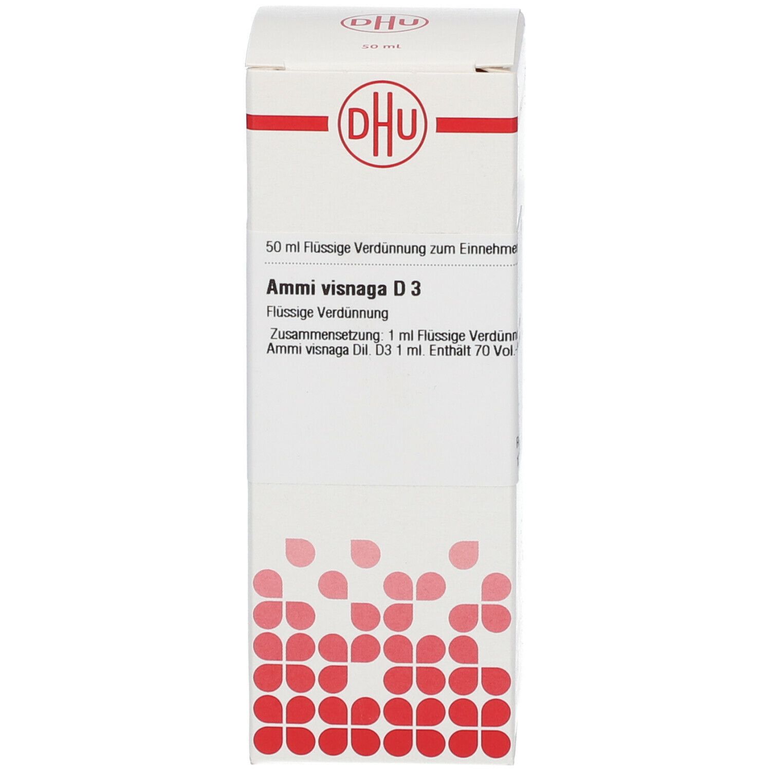 Weiße Faltschachtel mit Produktinformationen. Aufschrift: DHU, Ammi visnaga D3.