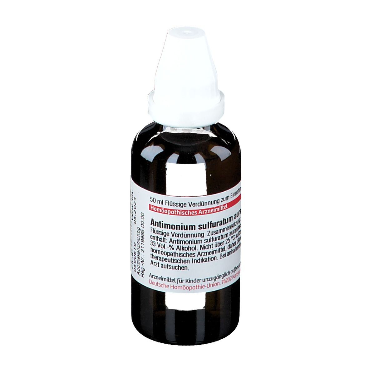 Braune Glasflasche mit weißem Verschluss. Etikett mit Produktinformationen: Antimonium sulfuratum aurantiacum D6.