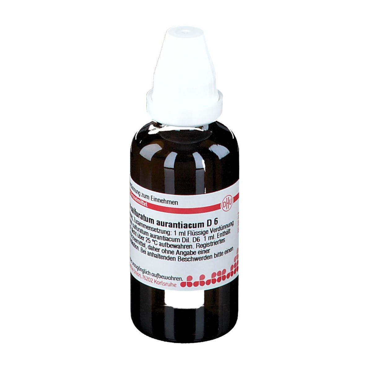 Braune Glasflasche mit weißem Verschluss. Etikett mit Produktinformationen: Antimonium sulfuratum aurantiacum D 6.