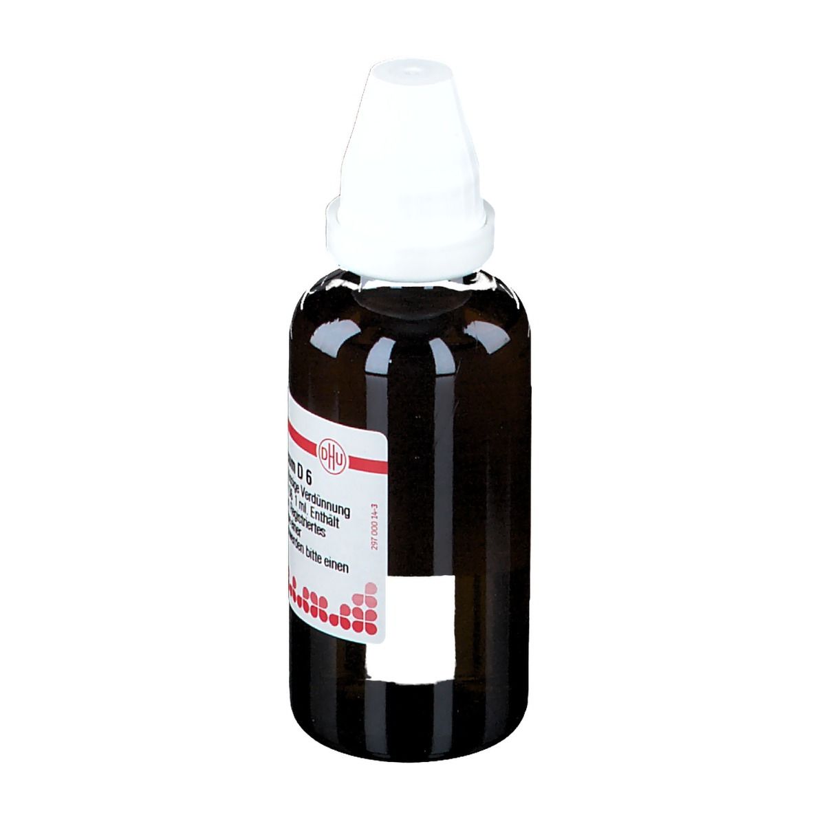 Braune Glasflasche mit weißem Verschluss. Etikett mit Produktinformationen. Homöopathisches Arzneimittel.