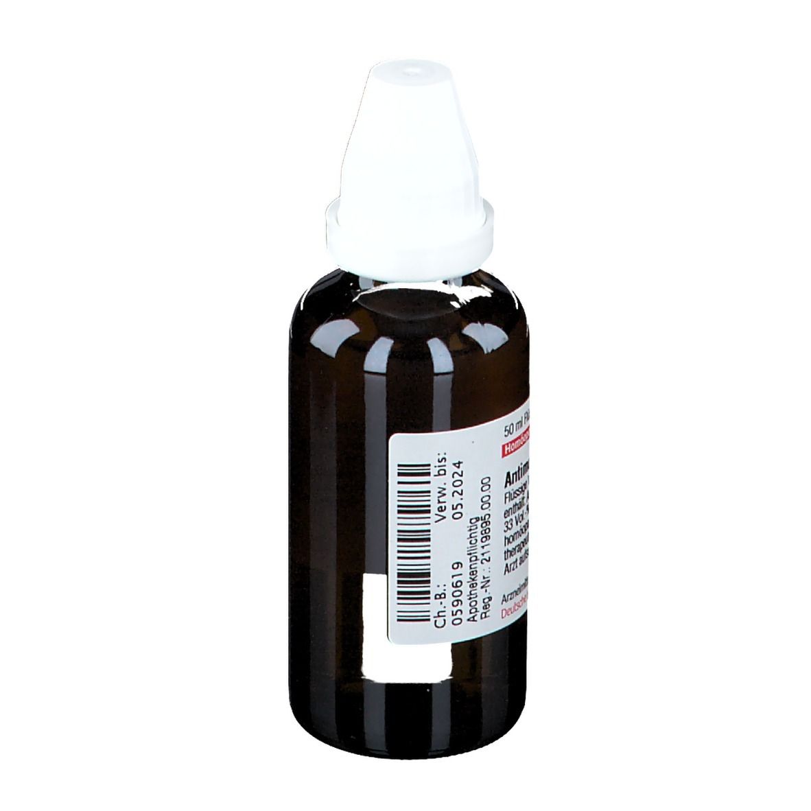 Braune Glasflasche mit weißem Verschluss. Etikett mit Verfallsdatum und Chargennummer. Homöopathisches Arzneimittel.