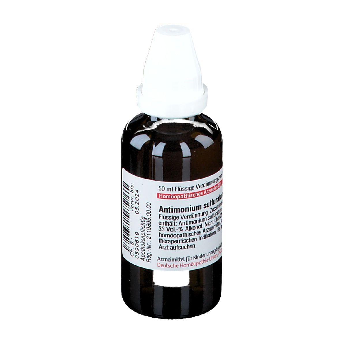 Braune Glasflasche mit weißem Verschluss. Etikett mit Produktinformationen: Antimonium sulfuratum aurantiacum D6.