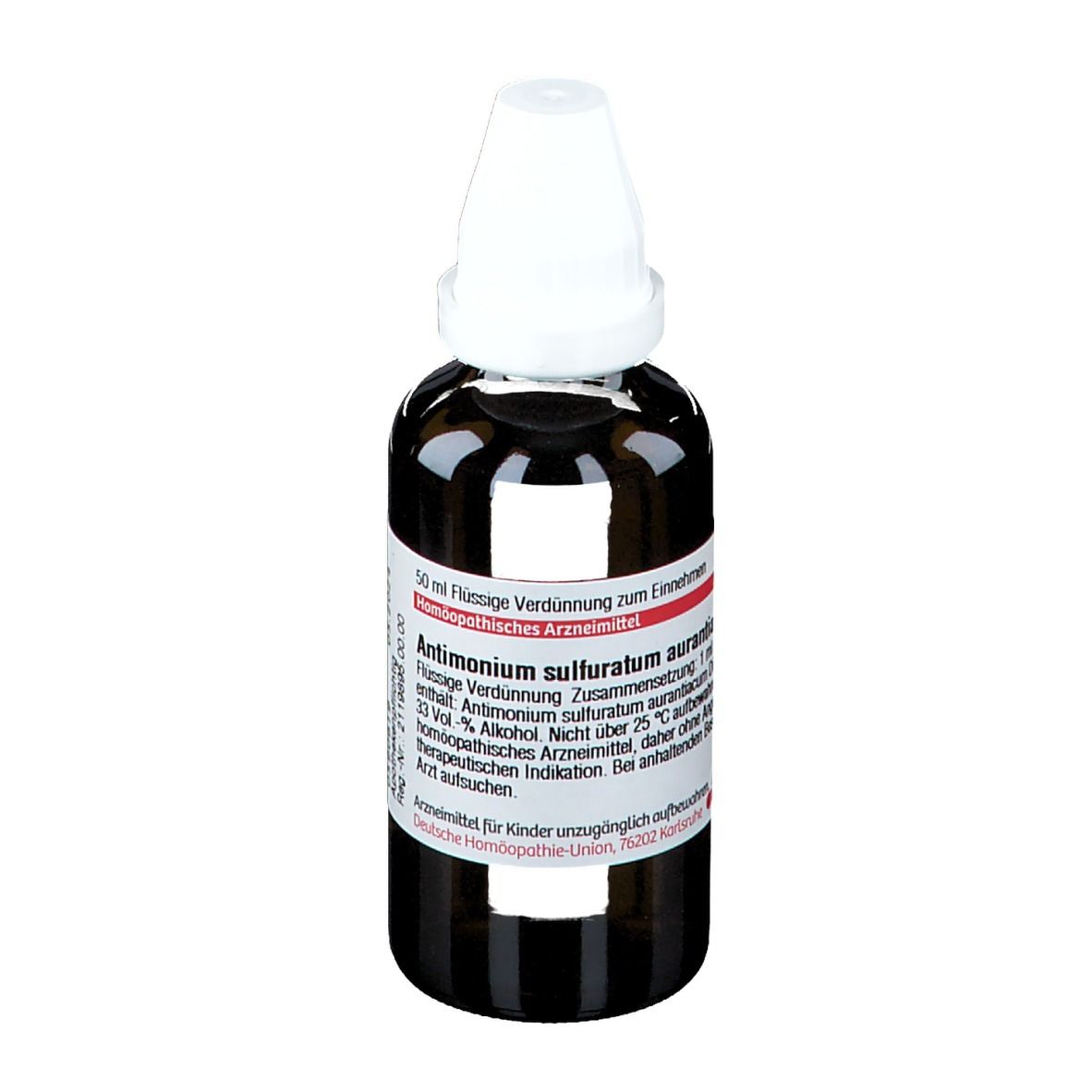 Braune Glasflasche mit weißem Verschluss. Etikett mit Produktinformationen: Antimonium sulfuratum aurantiacum D6.