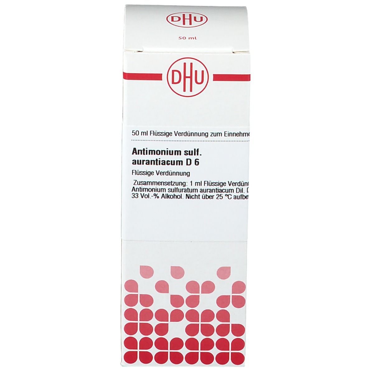 Weiße Produktverpackung mit DHU-Logo. Aufschrift: Antimonium sulf. aurantiacum D 6. Homöopathisches Arzneimittel.
