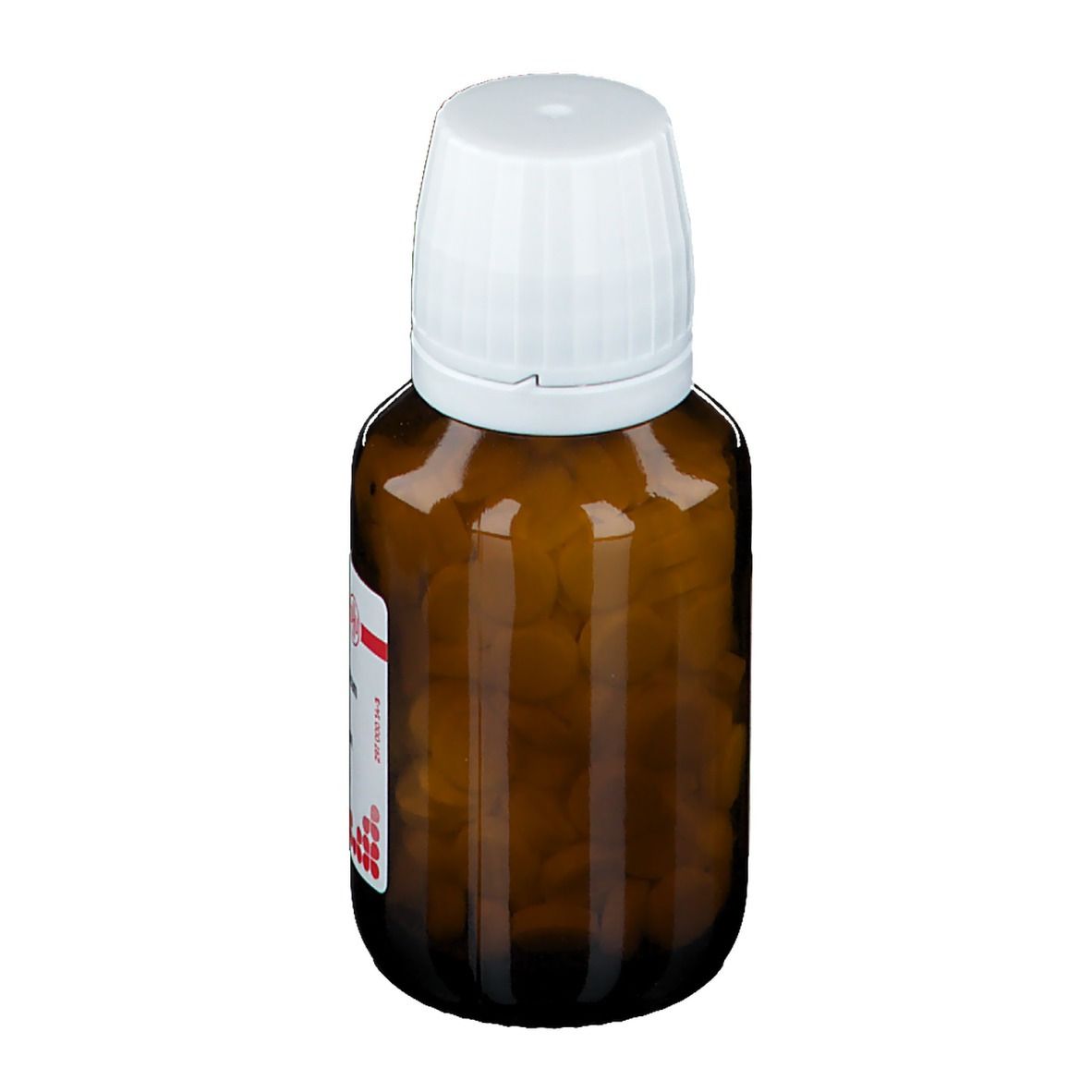 Braune Glasflasche mit weißem Deckel, gefüllt mit Tabletten. Etikett mit Text. Aufschrift: Argentum nitricum D 30.