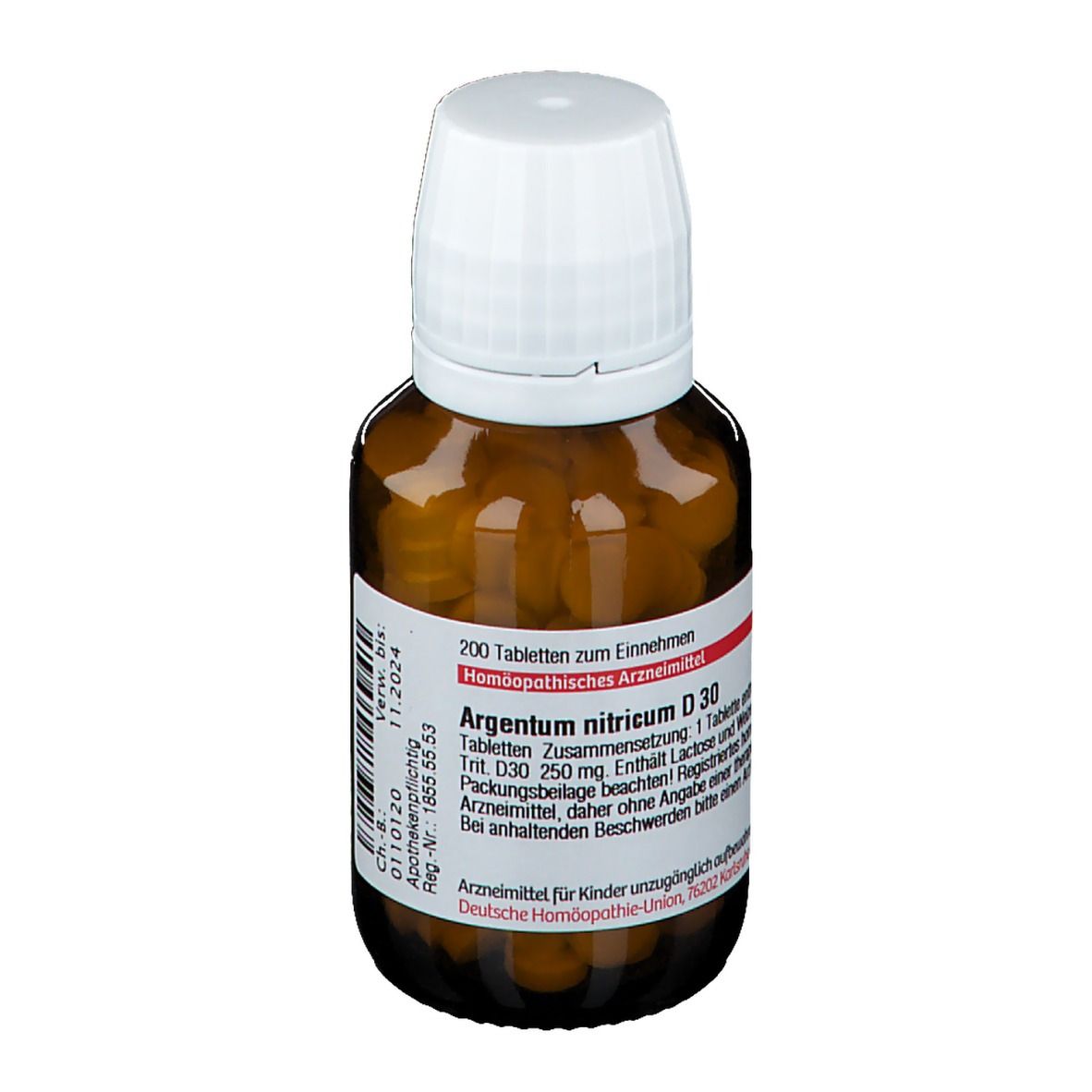 Braune Glasflasche mit weißem Deckel und Etikett. Aufschrift: Argentum nitricum D 30. Enthält 200 Tabletten.