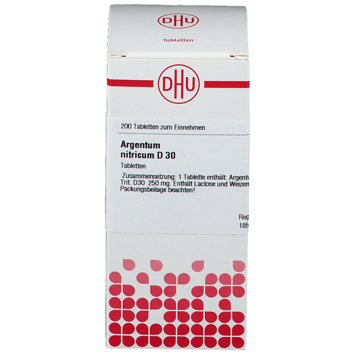Produktverpackung, Schachtel mit Aufschrift: DHU, Argentum nitricum D 30. Enthält 200 Tabletten.