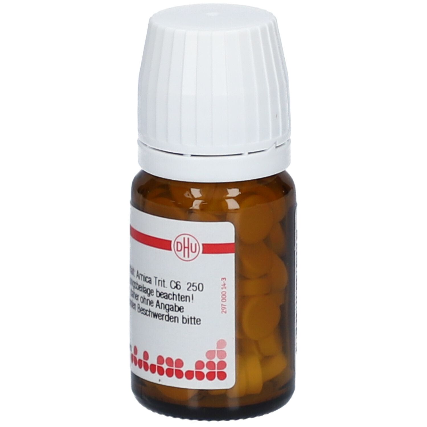 Braune Glasflasche mit weißen Deckel und Tabletten. Aufschrift: Arnica Trit. C6, DHU. Homöopathisches Arzneimittel.