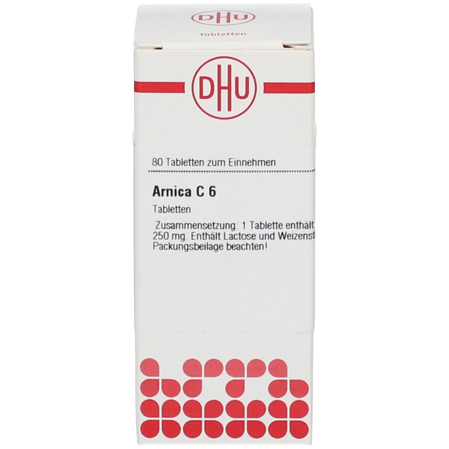 Weiße Schachtel mit roter Schrift. Aufschrift: Arnica C 6, 80 Tabletten. DHU.