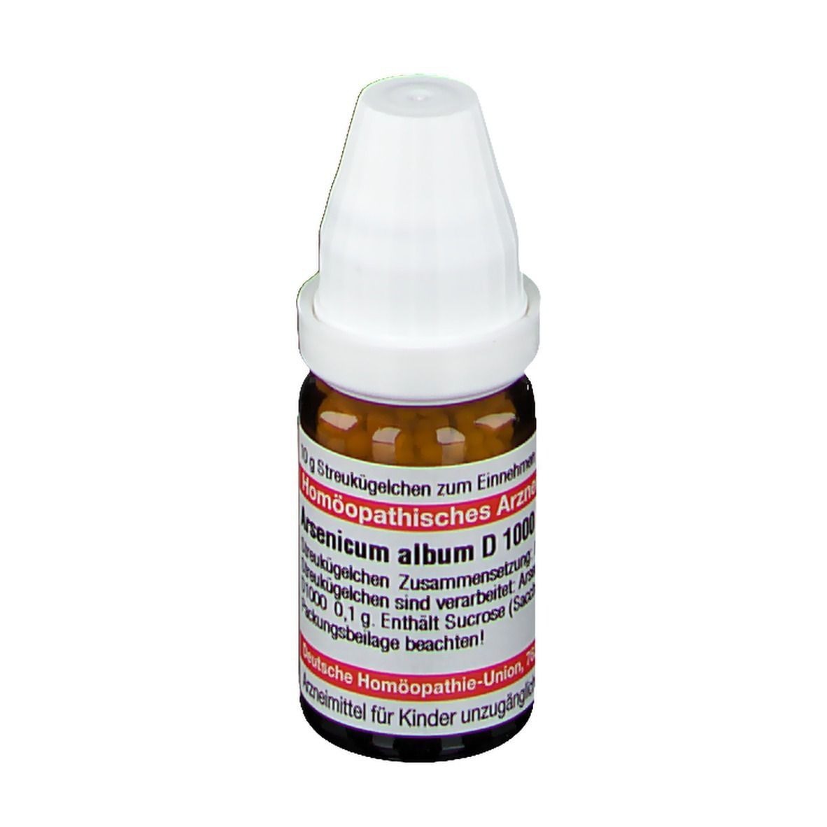 Braune Glasflasche mit weißem Deckel. Beschriftung: Arsenicum album D 1000, Homöopathisches Arzneimittel.