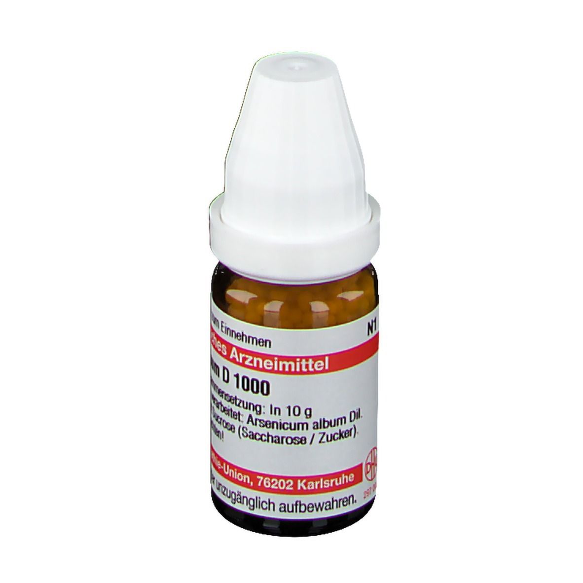 Braune Glasflasche mit weißem Deckel. Beschriftung: Arsenicum album D 1000, Homöopathisches Arzneimittel.