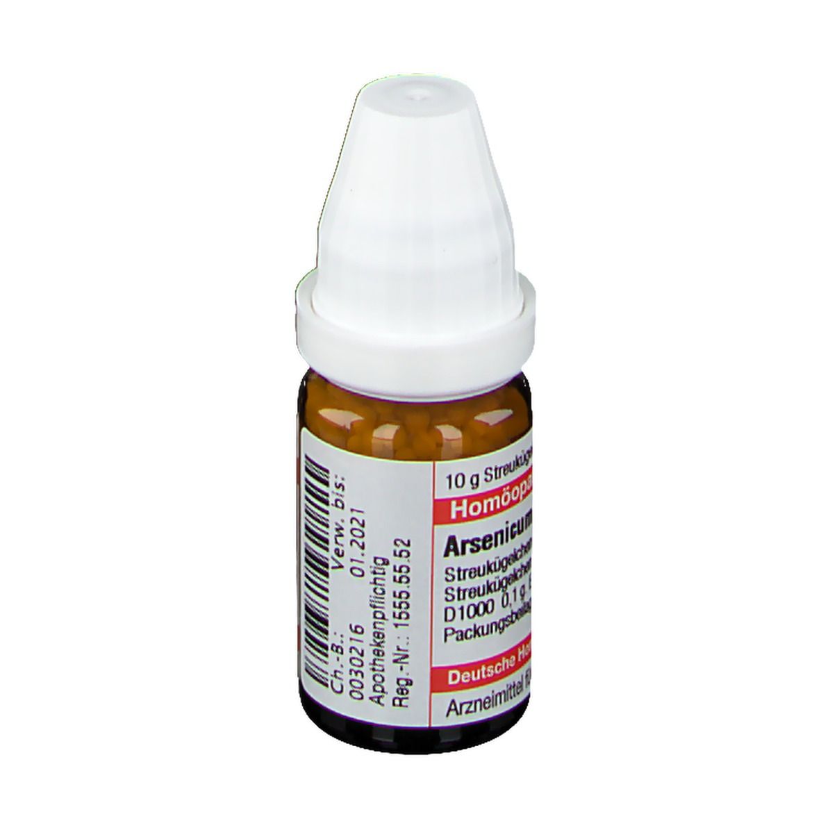 Braune Glasflasche mit weißem Deckel. Beschriftung: Arsenicum album D 1000, Homöopathisches Arzneimittel.