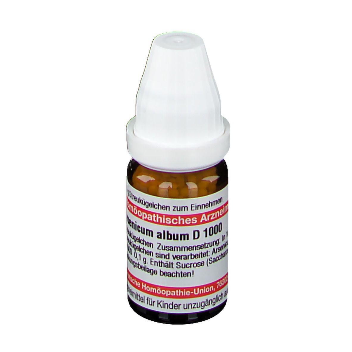Braune Glasflasche mit weißem Deckel. Beschriftung: Arsenicum album D 1000, Homöopathisches Arzneimittel.