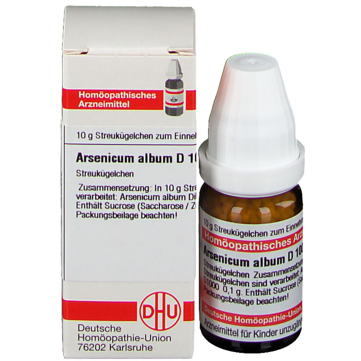 Braune Glasflasche mit weißem Deckel und Karton. Beschriftung: Arsenicum album D 1000, Homöopathisches Arzneimittel.