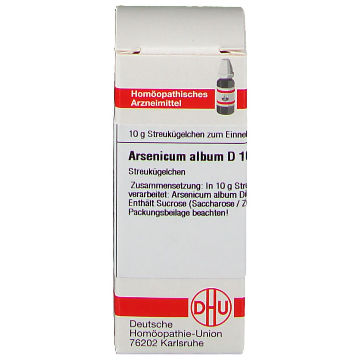 Karton mit Beschriftung: Arsenicum album D 1000, Homöopathisches Arzneimittel. Logo DHU.