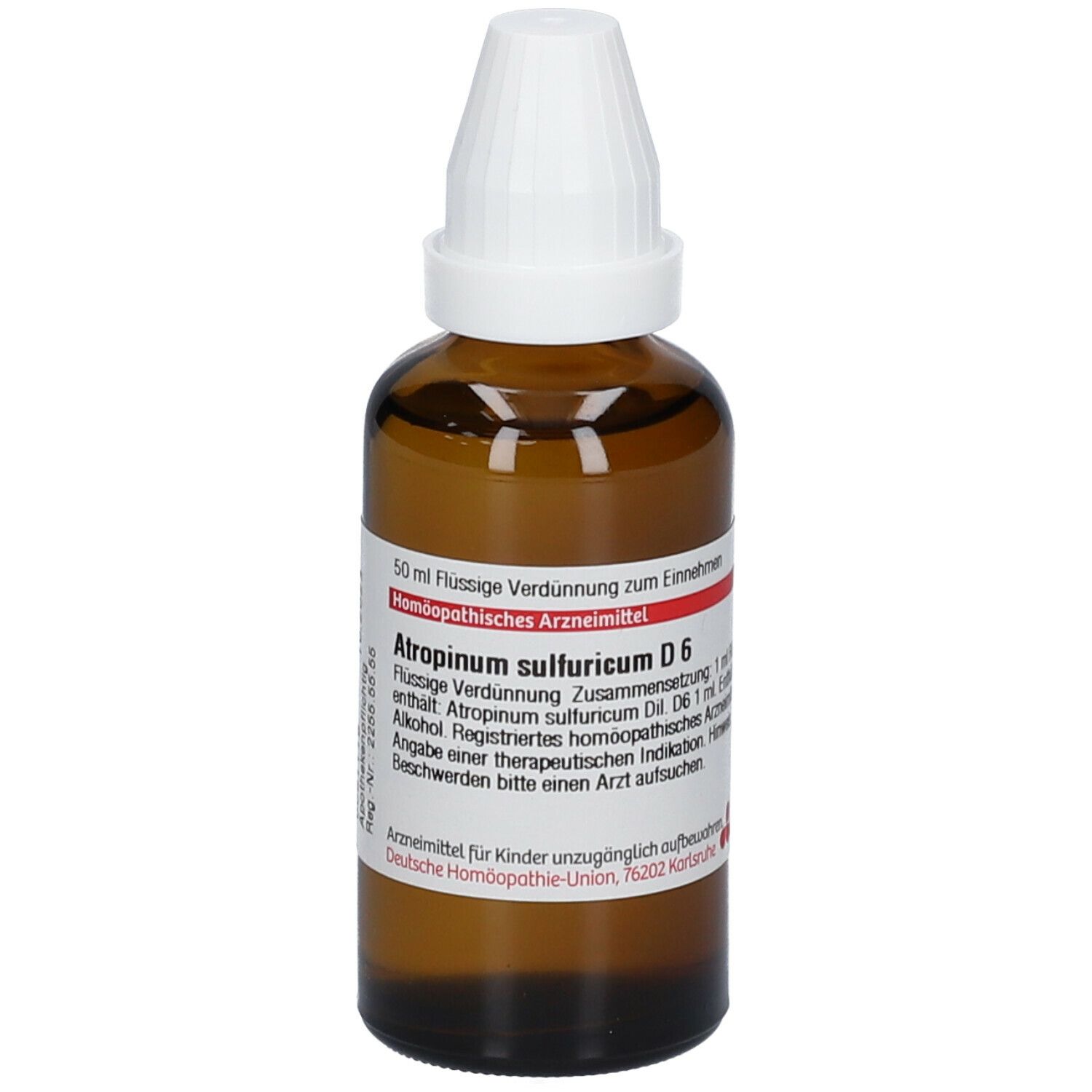 Braune Glasflasche mit weißem Verschluss. Etikett mit Produktinformationen: Atropinum sulfuricum D6, DHU.