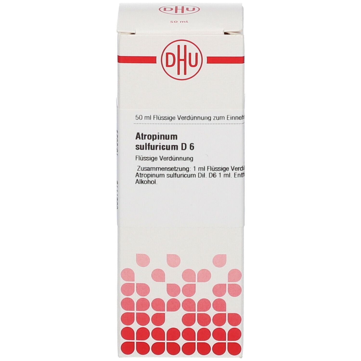 Weiße Verpackung mit Produktinformationen: Atropinum sulfuricum D6, DHU. Flasche im Inneren.