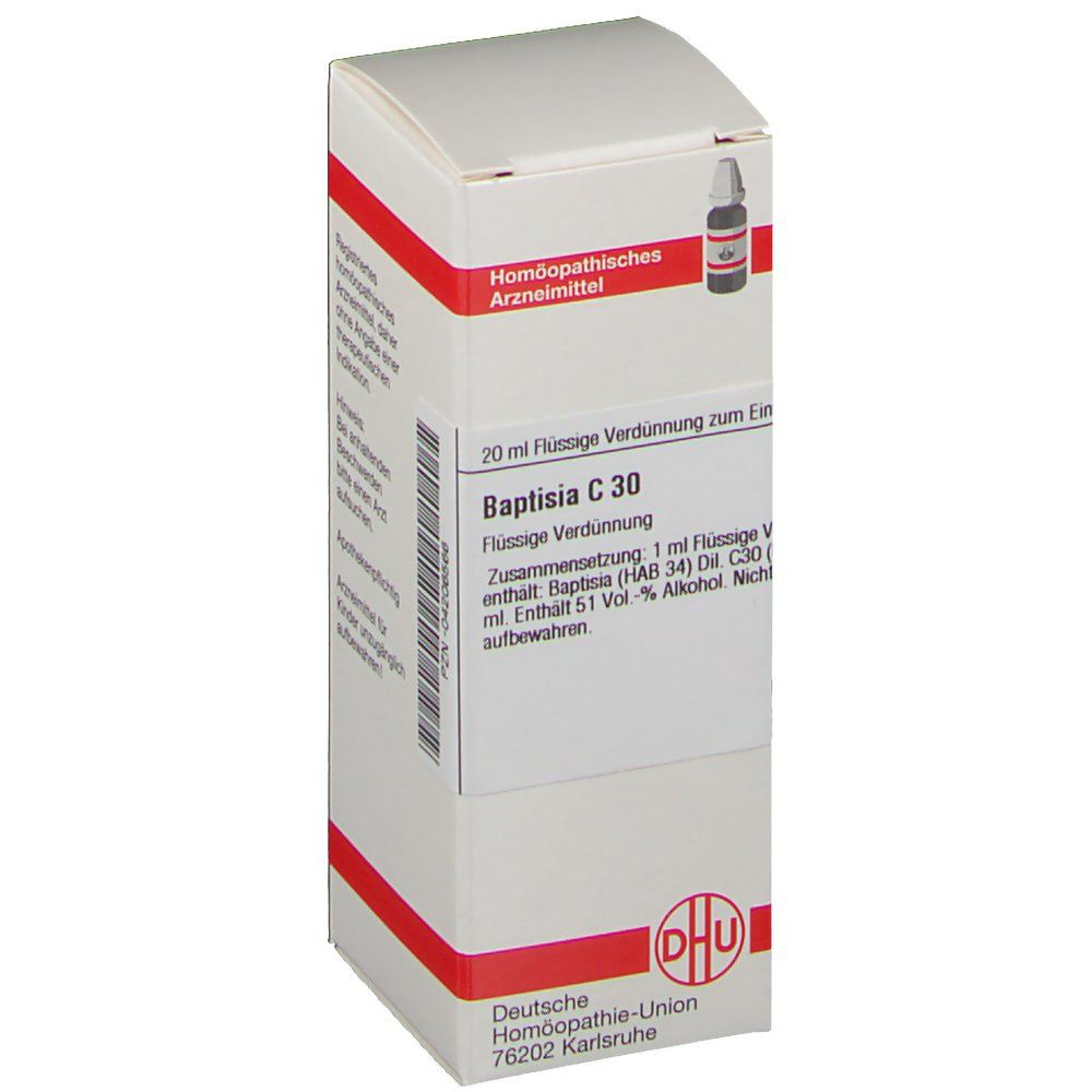 Weiße Schachtel mit roter Umrandung. Aufschrift: Baptisia C 30, DHU Logo. Fläschchen mit Flüssigkeit sichtbar.
