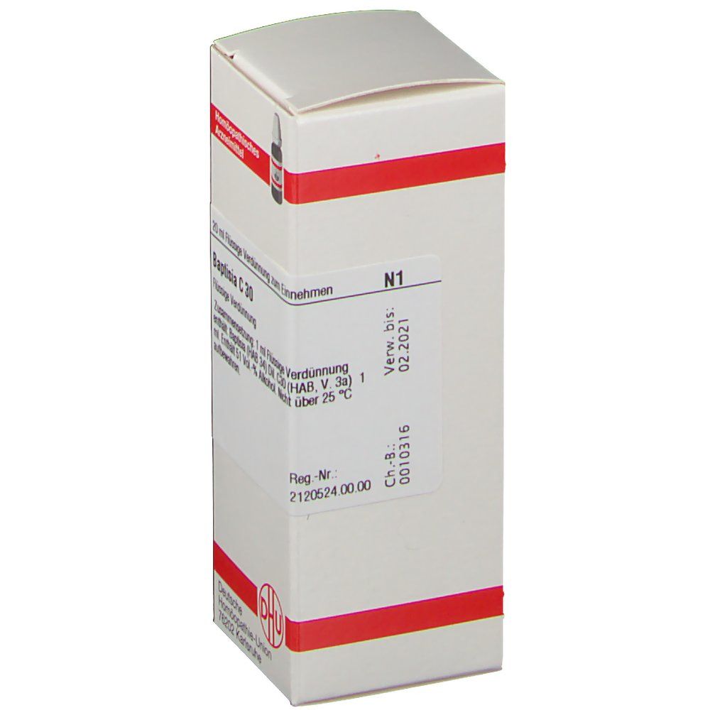 Weiße Schachtel mit roter Umrandung. Aufschrift: Baptisia C 30. N1-Aufkleber mit Verfallsdatum. DHU Logo.