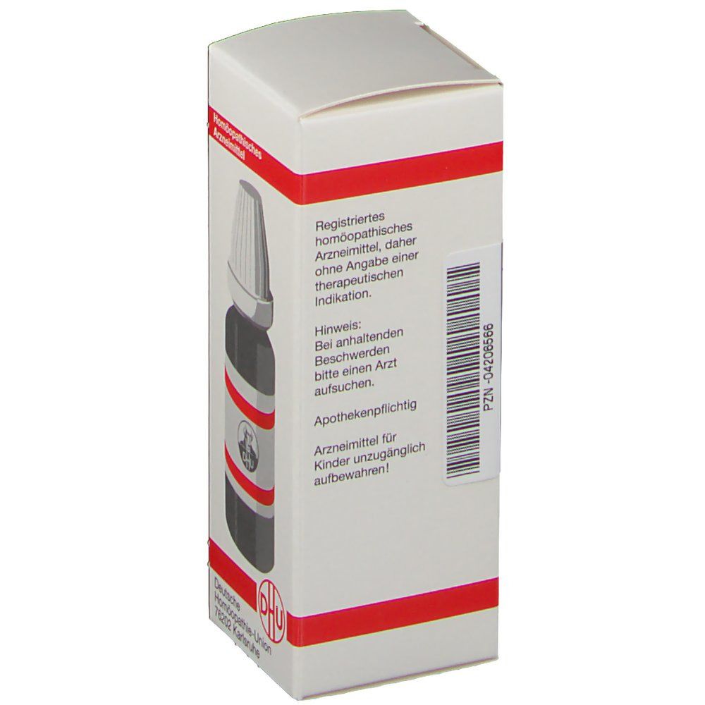 Weiße Schachtel mit roter Umrandung. Aufschrift: Registriertes homöopathisches Arzneimittel. Fläschchen-Abbildung. DHU Logo.