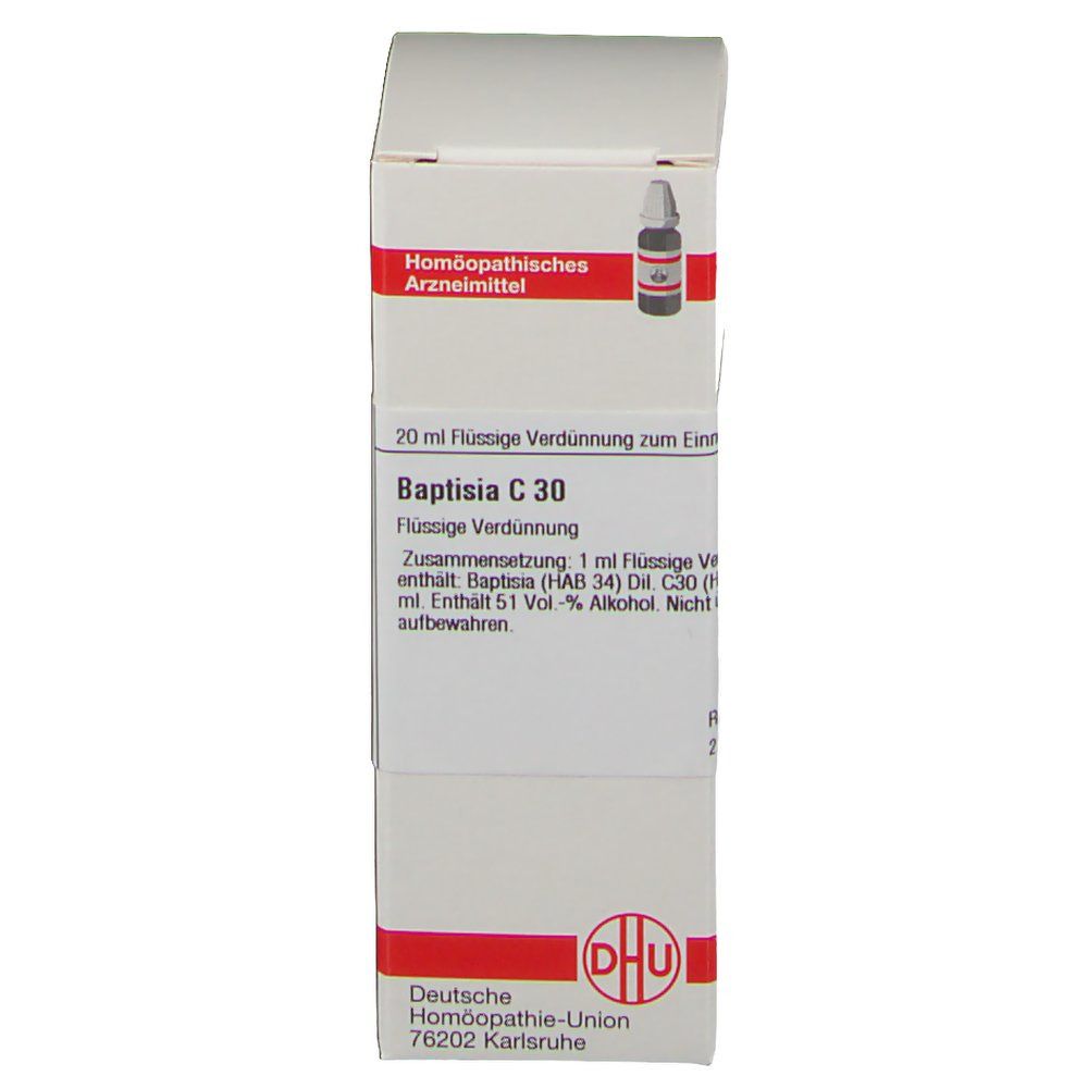 Weiße Schachtel mit roter Umrandung. Aufschrift: Baptisia C 30, DHU Logo. Fläschchen mit Flüssigkeit sichtbar.