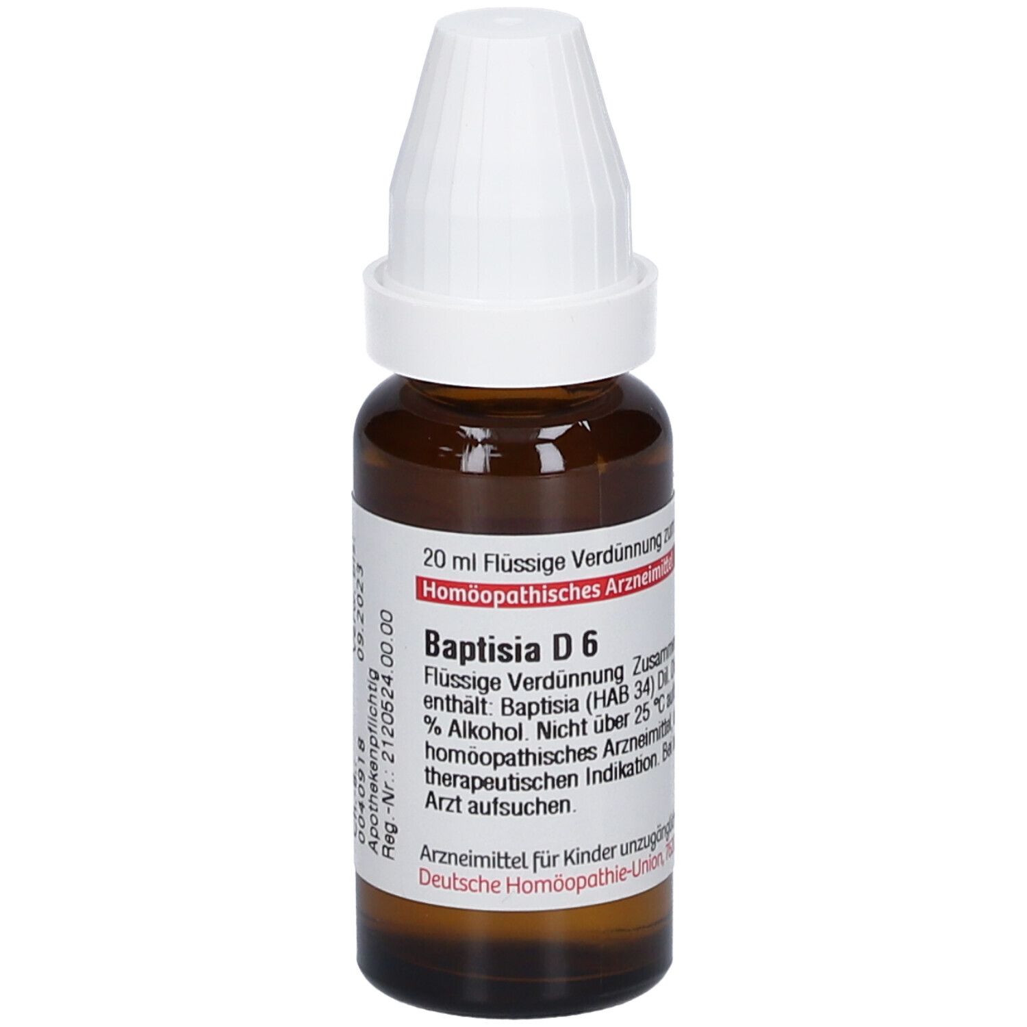 Braune Glasflasche mit weißem Verschluss. Etikett mit Produktinformationen: Baptisia D6, 20 ml Flüssige Verdünnung.