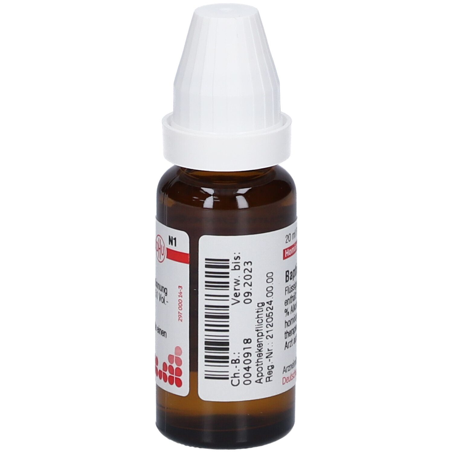 Braune Glasflasche mit weißem Verschluss. Etikett mit Produktinformationen und Barcode. Baptisia D6, 20 ml.