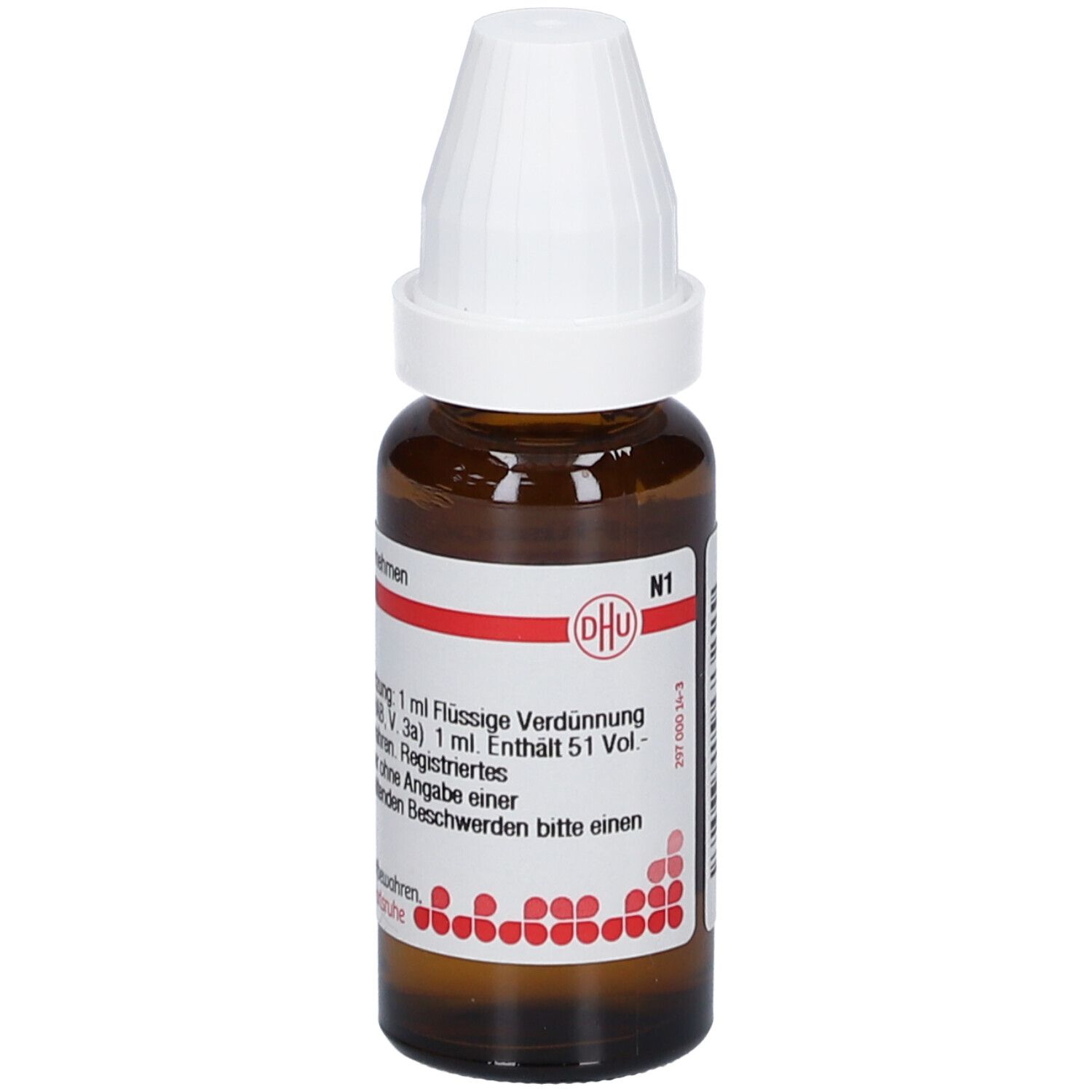 Braune Glasflasche mit weißem Verschluss. Etikett mit Produktinformationen. DHU Logo. Baptisia D6, 1 ml.