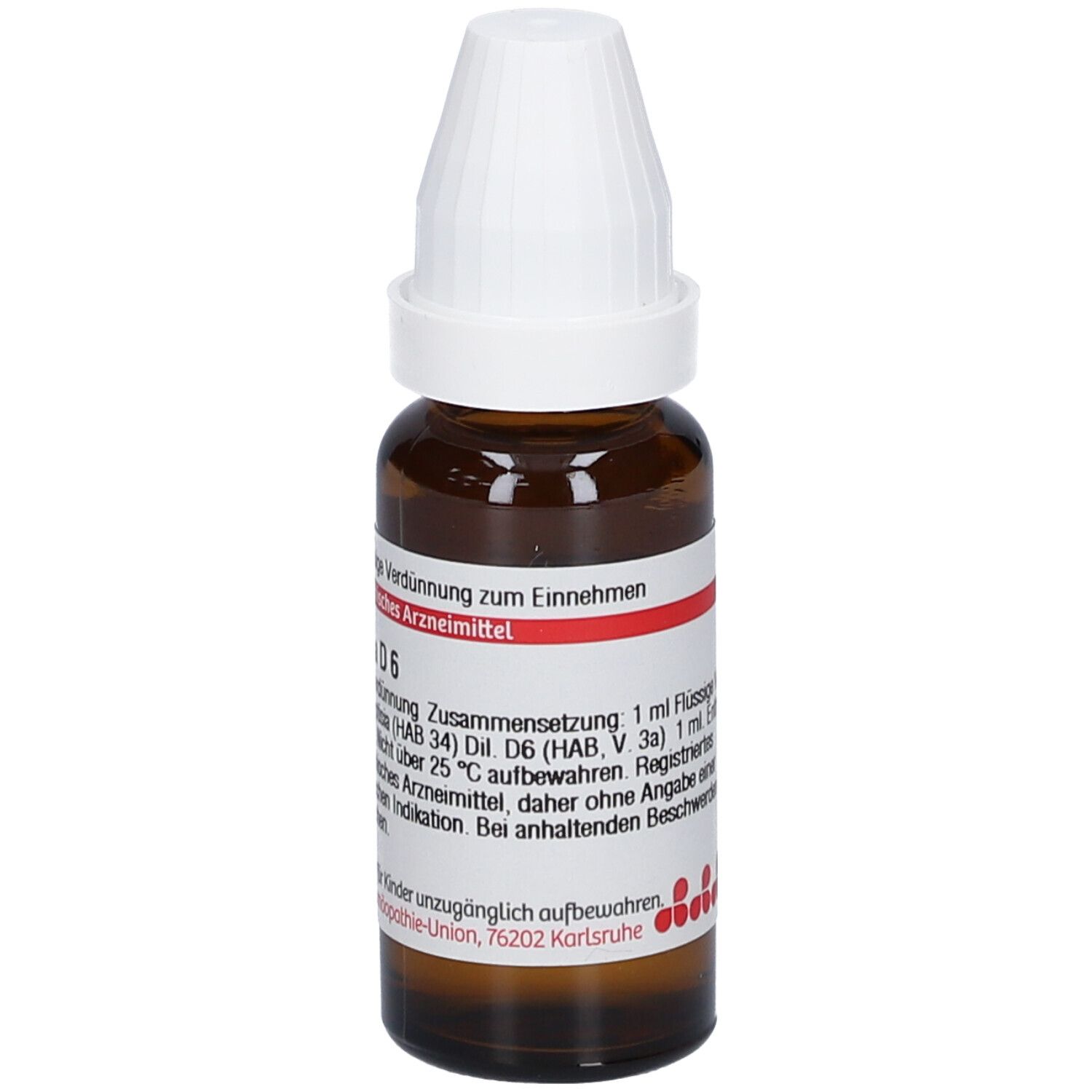 Braune Glasflasche mit weißem Verschluss. Etikett mit Produktinformationen. Baptisia D6, 1 ml Flüssige Verdünnung.