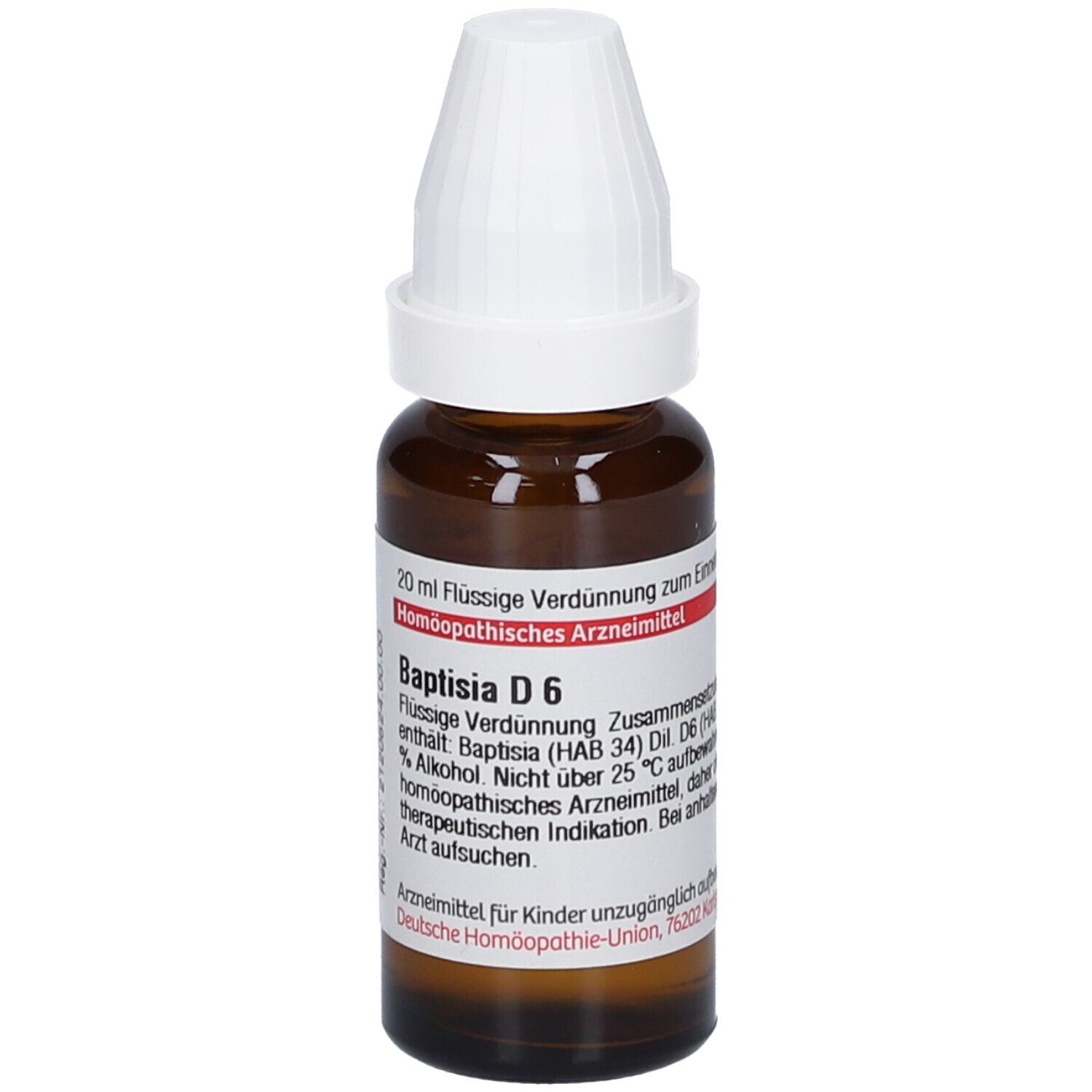 Braune Glasflasche mit weißem Verschluss. Etikett mit Produktinformationen: Baptisia D6, 20 ml Flüssige Verdünnung.