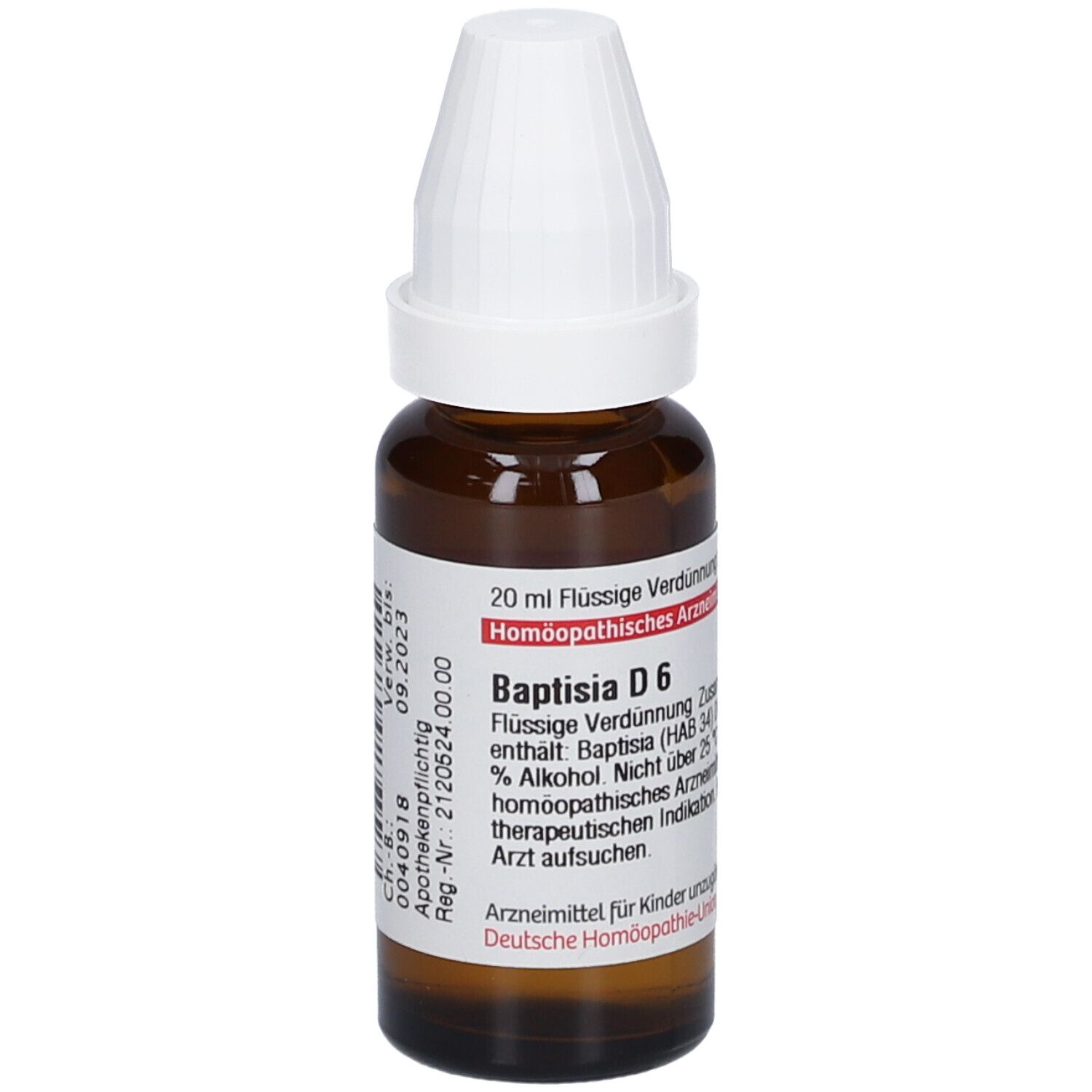 Braune Glasflasche mit weißem Verschluss. Etikett mit Produktinformationen. Baptisia D6, 20 ml. Verfallsdatum 09.2023.