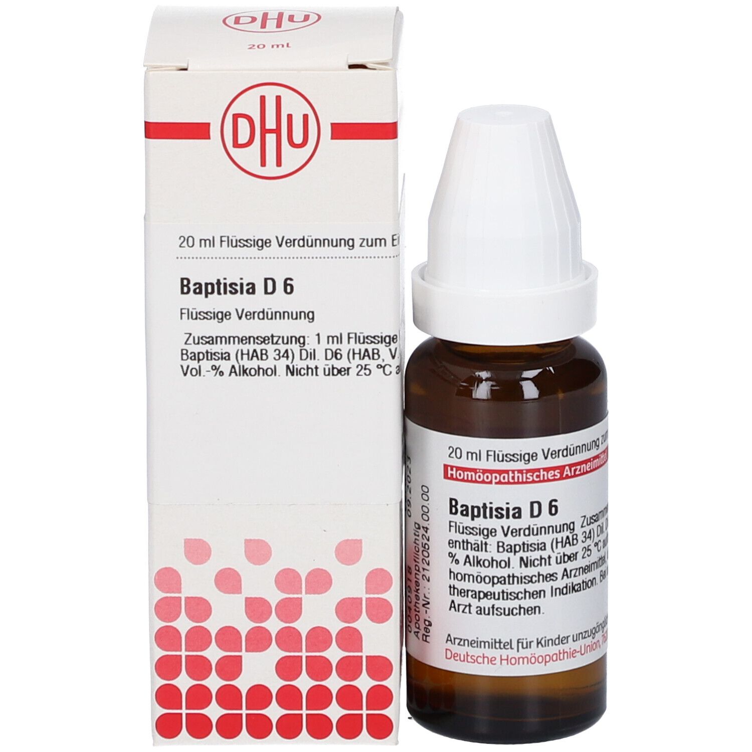 Braune Glasflasche mit weißem Verschluss und Karton. Karton mit DHU Logo und Produktinformationen: Baptisia D6, 20 ml.